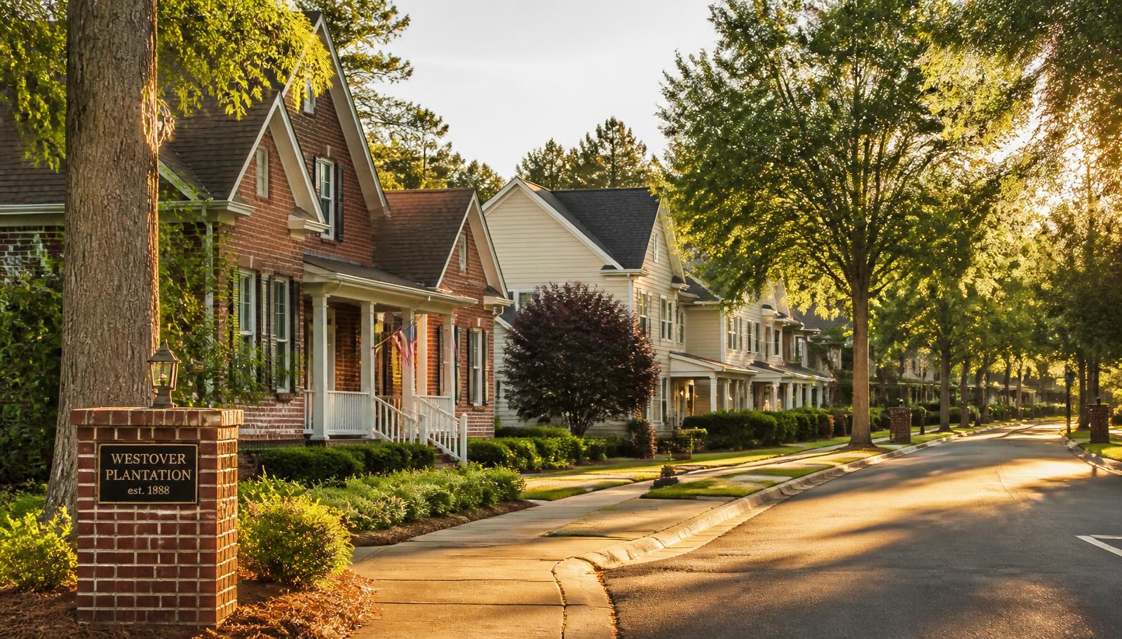 Tree-lined residential street of family homes in Buford, Georgia at golden hour