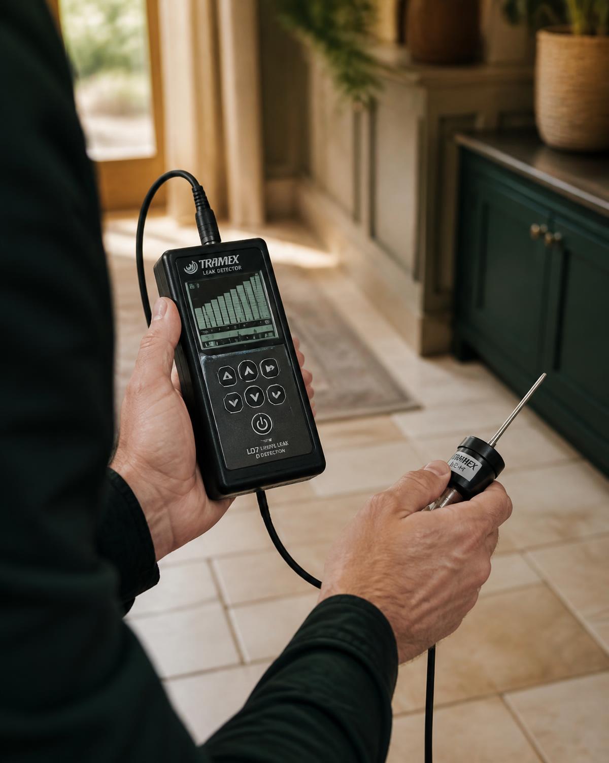 Technician holding electronic leak detection equipment over a tiled floor