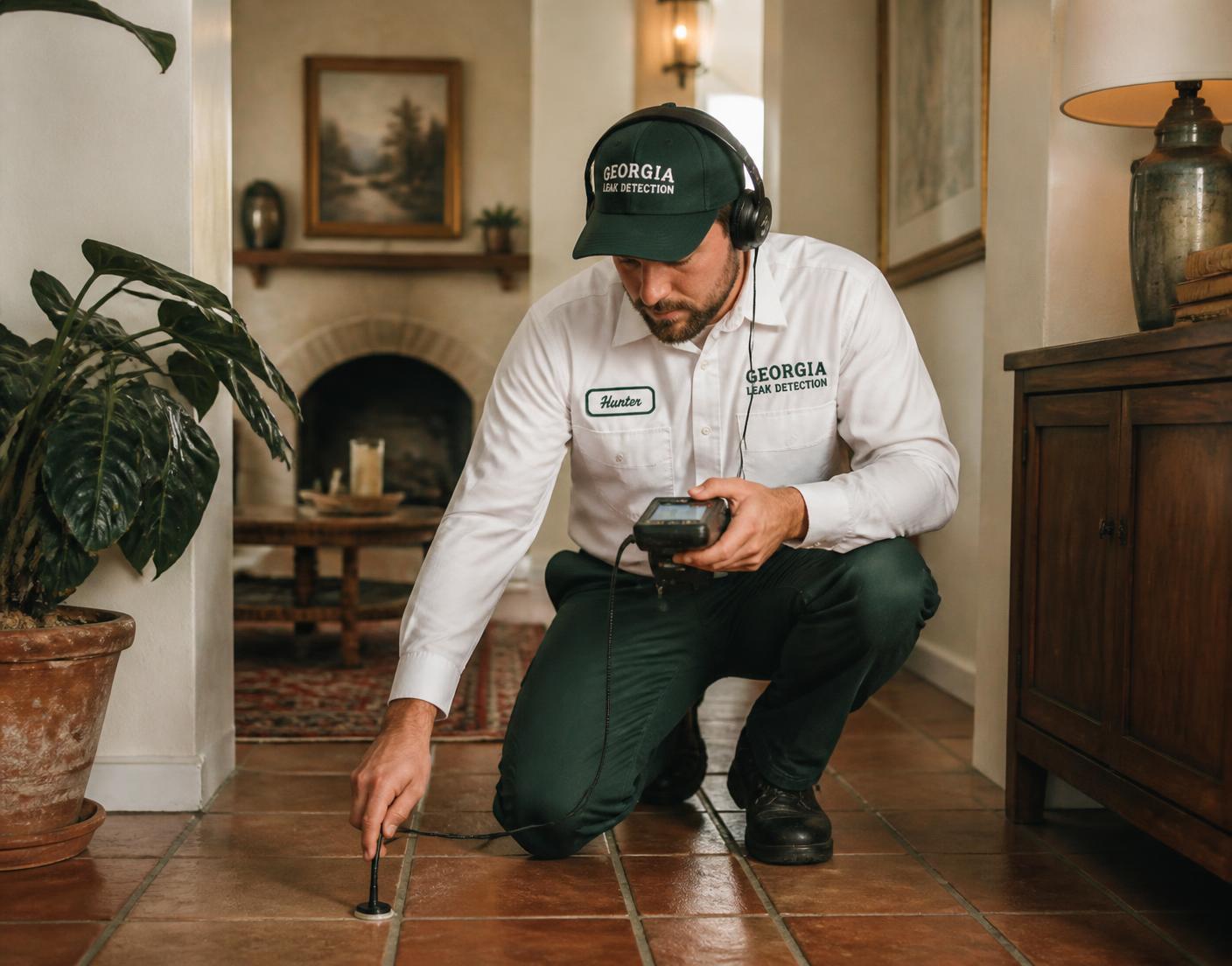 Leak detection technician using acoustic equipment on a home's slab floor in Buford, Georgia
