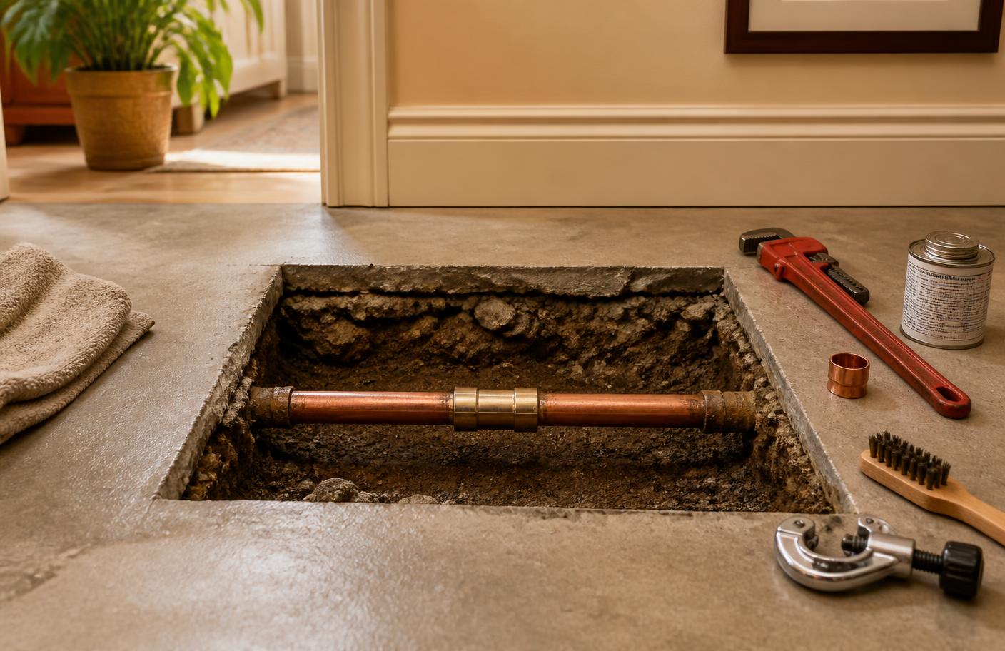 Repaired copper water line inside a neatly opened section of concrete slab flooring